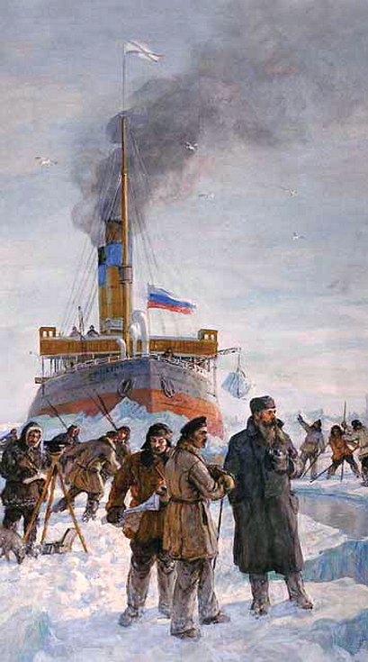 Makarov és az expedíció tagjai, mögöttük a jégbe fagyott Jermak.