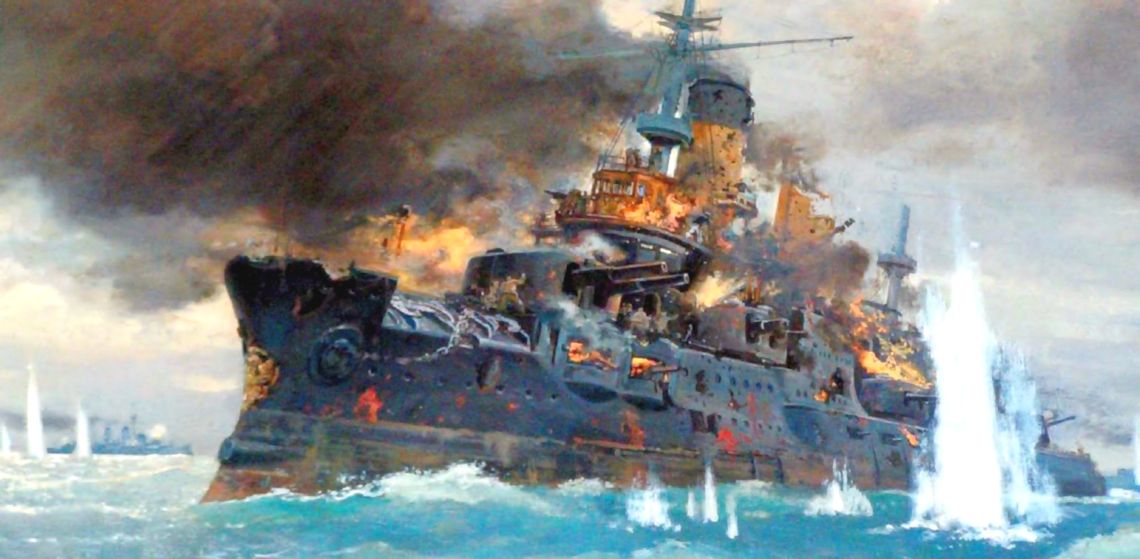 Japán HE gránátok által rommá lőtt, égő orosz csatahajó.
