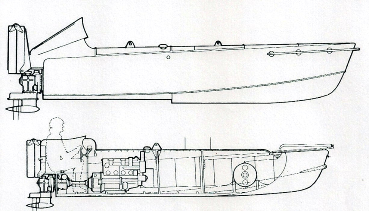 Egy barchino rajza. Nem japán stílusú öngyilkos fegyver, a pilóta a célponttal való ütközés előtt elhagyta a csónakot.