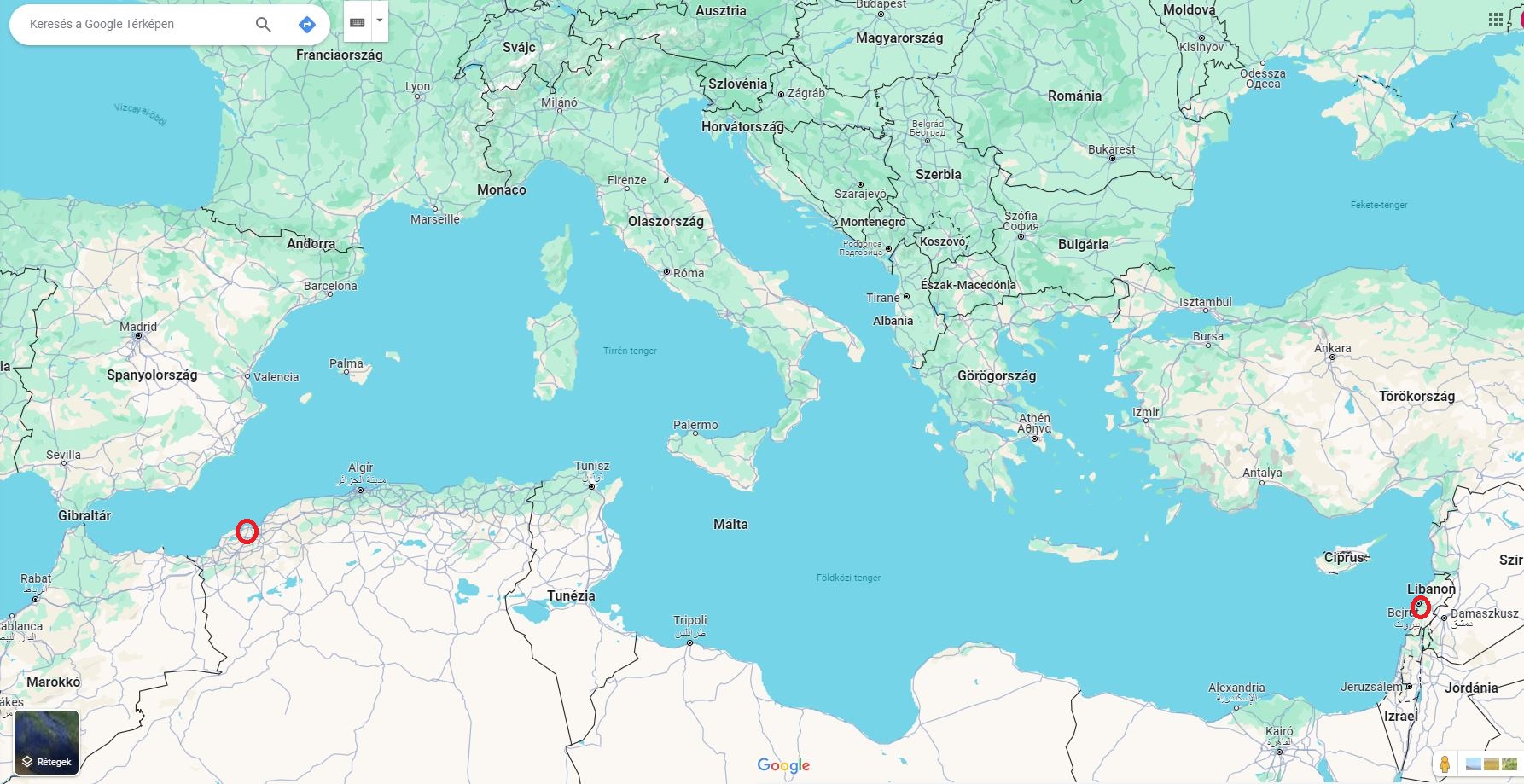 A Földközi-tenger térsége a Google térképén. Piros karikával jelölve a nagy francia hadihajók leszerelésére kijelölt két kikötő, Mers el Kebir és Bejrút.