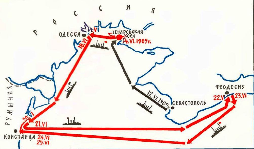 A Patyomkin útvonala a lázadás idején.