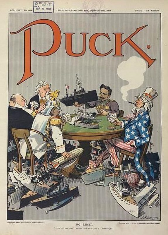 A nagyhatalmi pókerjátszma. A Puck karikatúrája 1909-ből.
