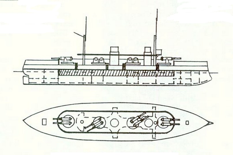 Nyolc 305 mm-es ágyúval felszerelt orosz csatahajó terve az 1880-as évekből.