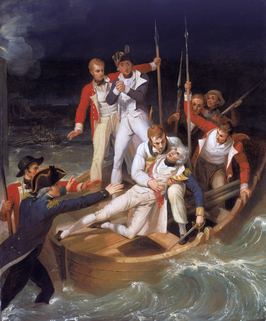A sebesült Nelsont visszaszállítják zászlóshajójára.