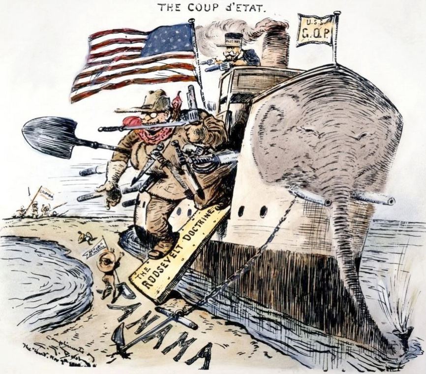 Theodore Roosevelt és külügyminisztere, John Hay, lerohanja Panamát. Korabeli karikatúra.