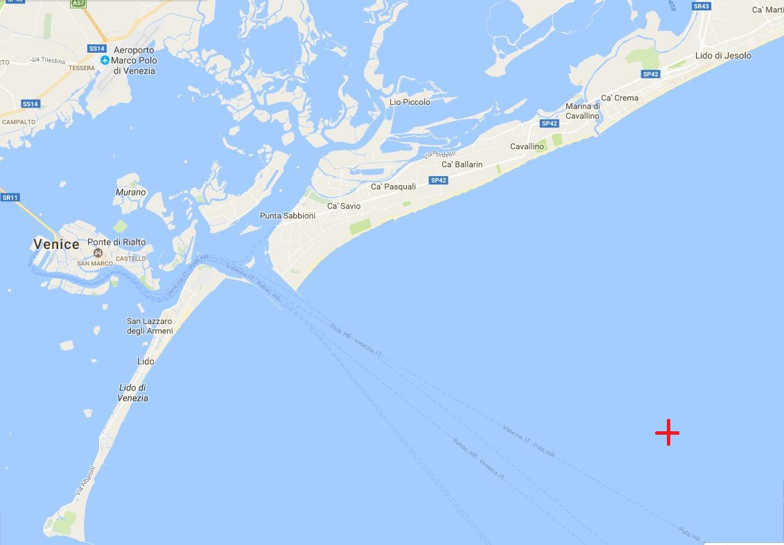 Az U-12 elsüllyedésének helye Velence térképén.
