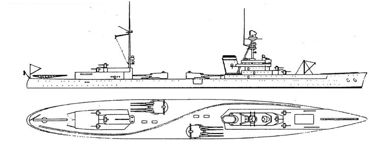 A meglehetősen egyedi küllemű, 17.500 tonnás francia csatacirkáló vázlatrajza.