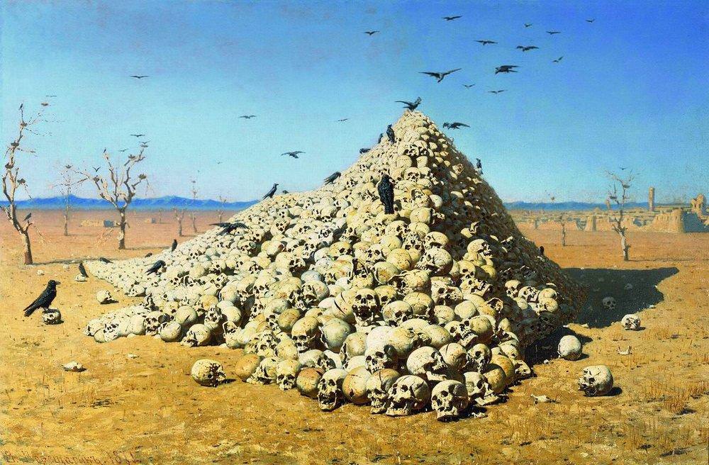 A háború apoteózisa. A Nobel békedíjra jelölt Vaszilij Verescsagin festménye. A kép nem pusztán csak allegória, az Üzbegisztánban máig nemzeti hősként tisztelt Timur Lenk szokása volt, hogy az ellenálló városok teljes lakosságát megölette, és levágott fejeiket a lerombolt városok kapui előtt halomba rakatta.