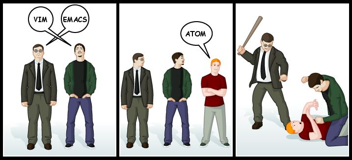 Vim vs Emacs vs Atom vicces mém