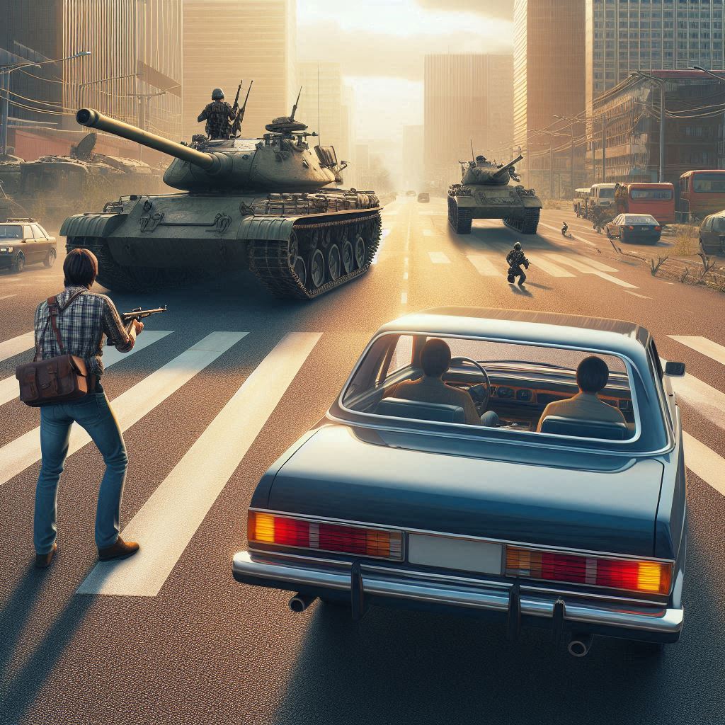 a_car_with_a_driver_and_passengers_facing_a_tank_approaching_on_the_street.png