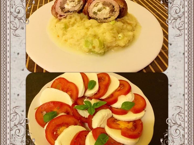 Olivás fetakrémmel töltött baconbe tekert karaj, újhagymás zellerpürével