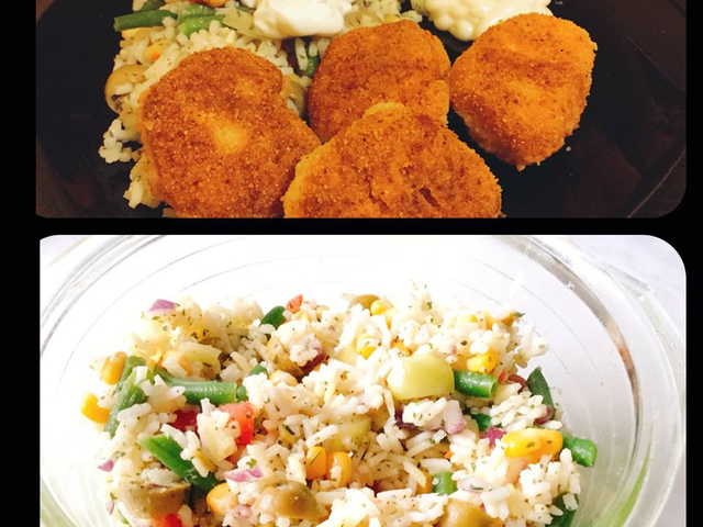 Chicken Nuggets házilag, zöldséges rizssalátával