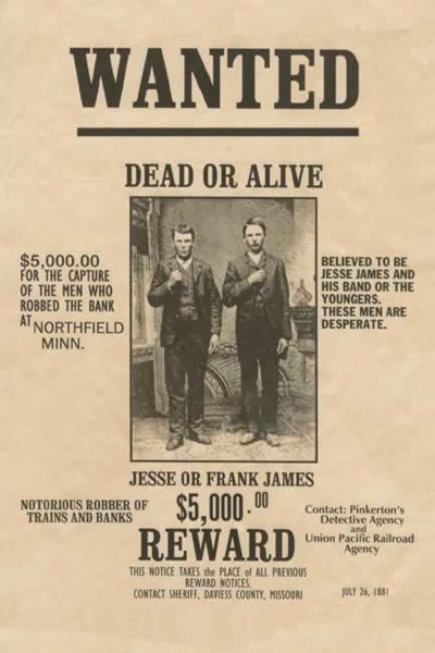 A Jesse és Frank James fejére tűzött vérdíj.