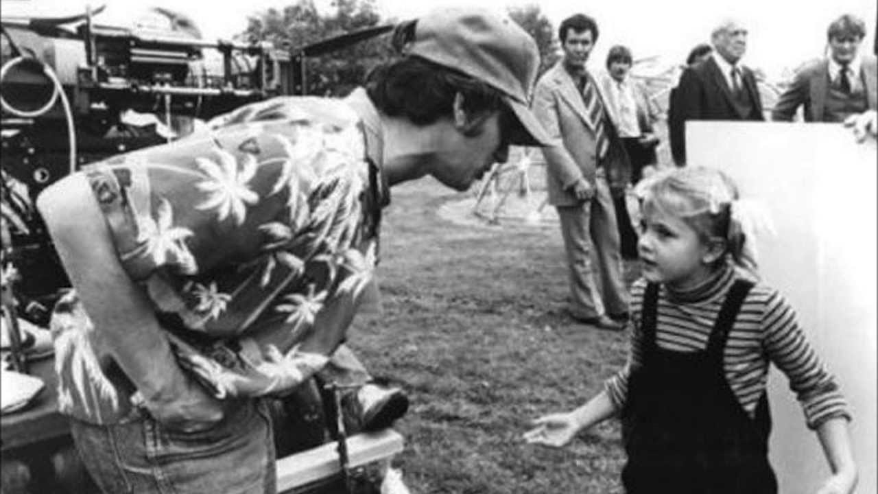 Az E.T. forgatásán keresztlányával, Drew Barrymore-al, 1981