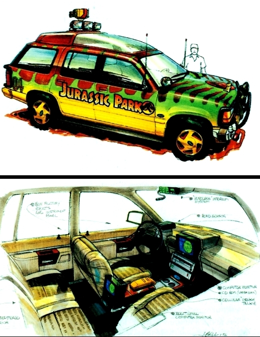 A filmbéli jármű külső és belső látványterve John Bell látványtervező rajzain.