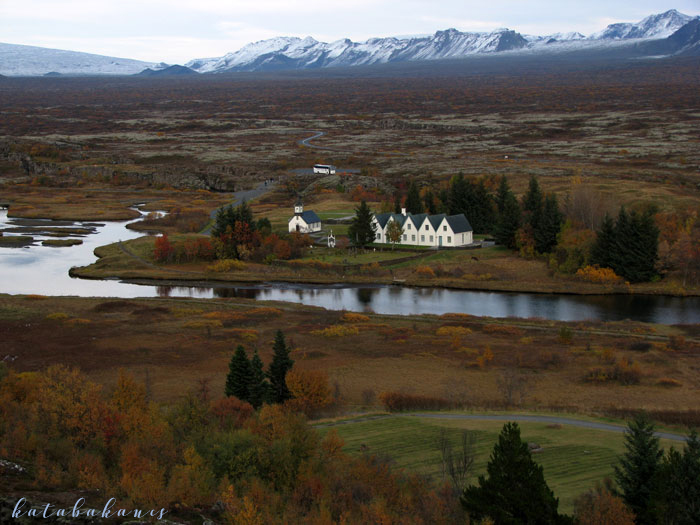 A klasszikus látkép a Þingvellir Nemzeti Parkról