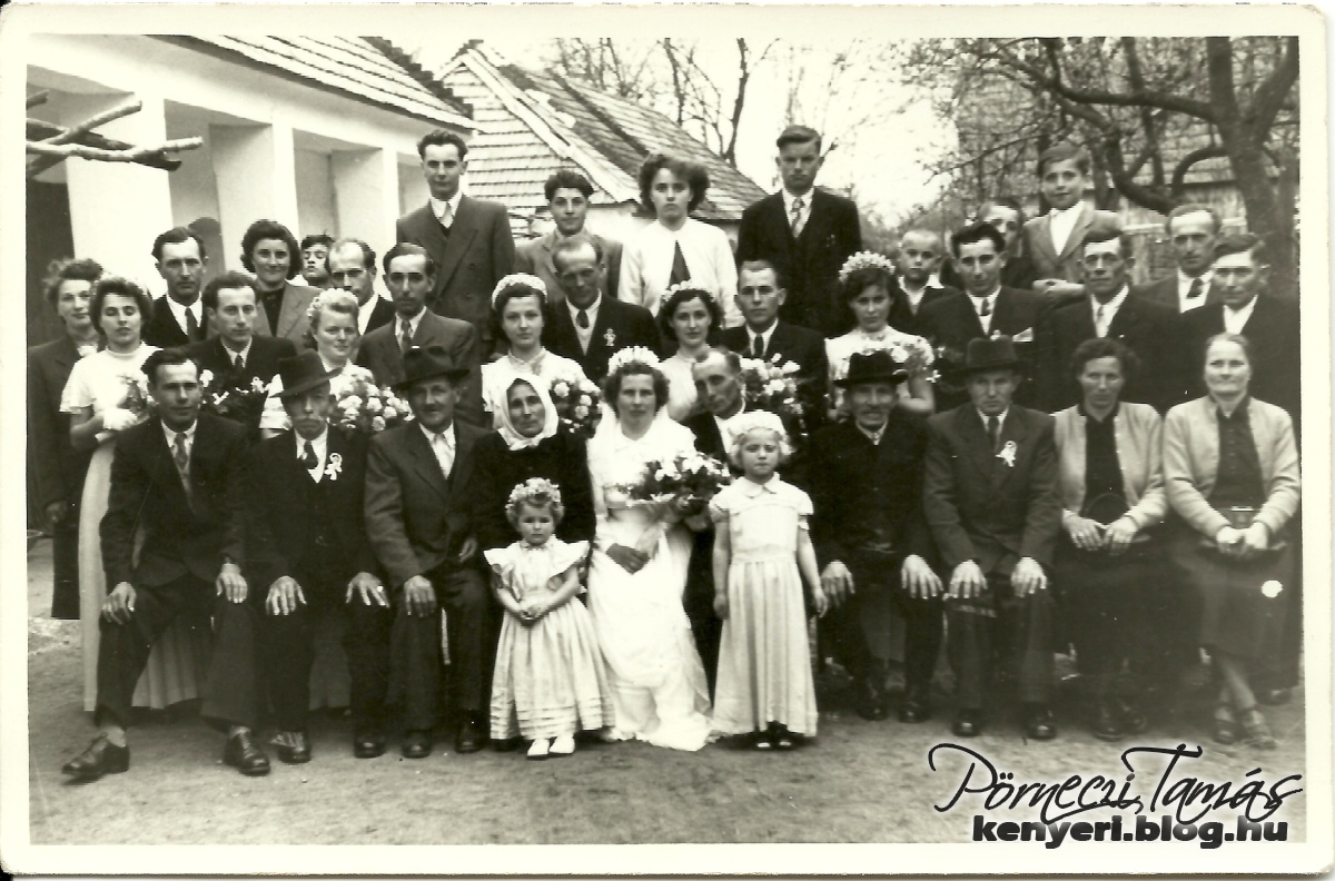 Irma és Pál esküvői fotója, hét koszorúslánnyal (családi albumomból)
