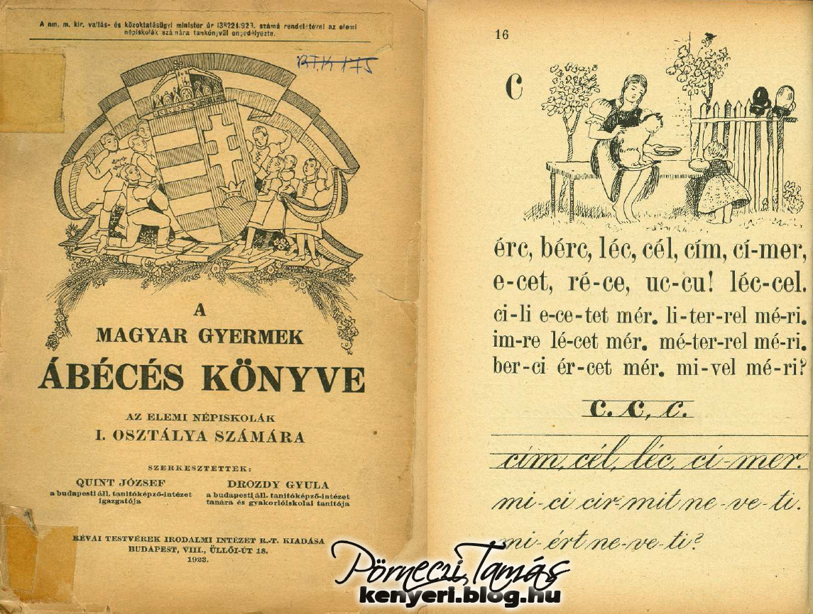 Magyar címert tartanak a gyerekek a tankönyvek felett ennek az 1923-ban kiadott ábécés könyvnek az előlapján