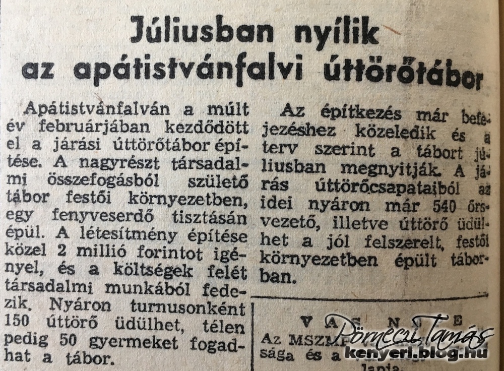 Cikk a hamarosan elkészülő táborral kapcsolatban (Vas Népe 1964. május 12)