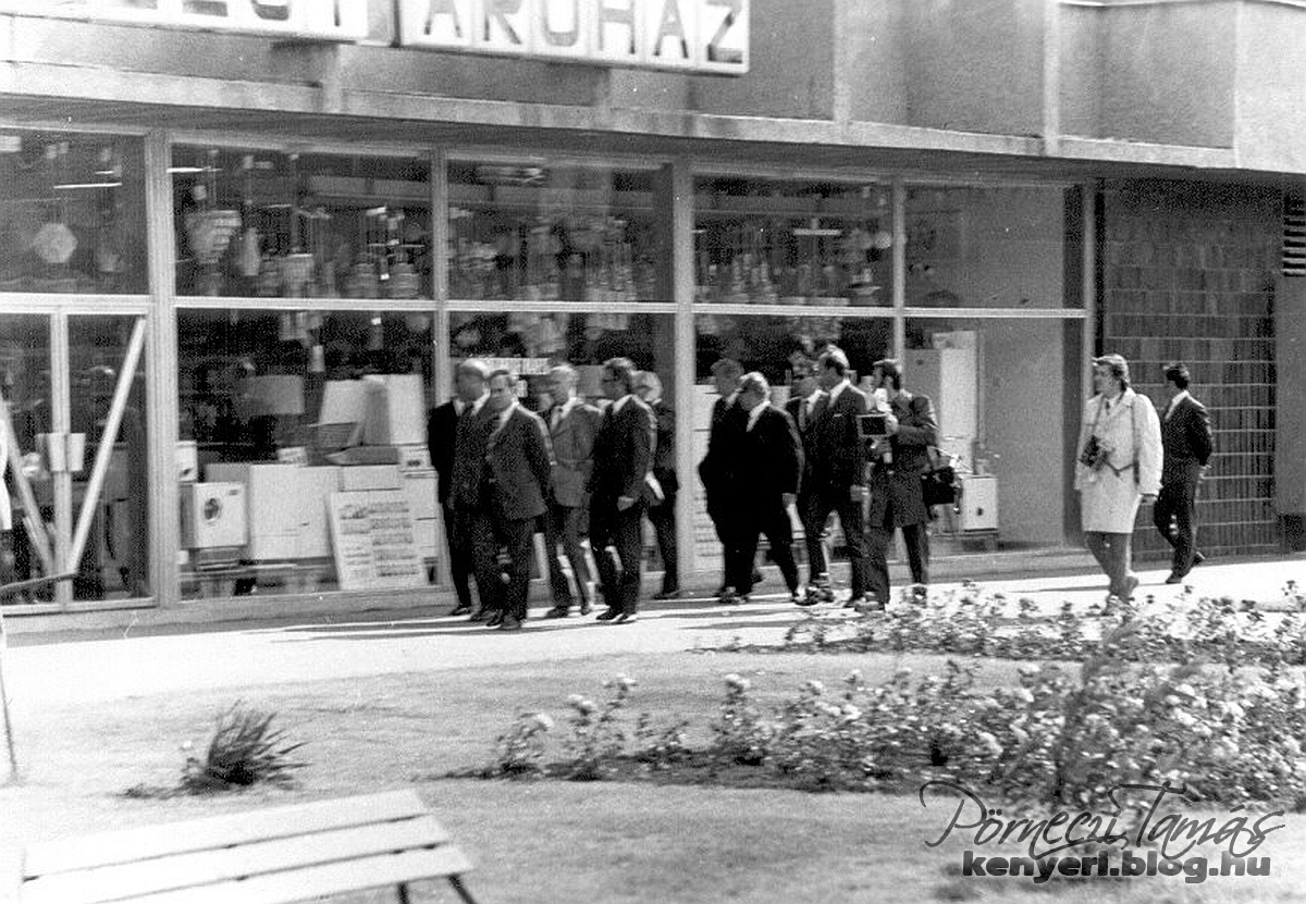 Losonczi Pál, az Elnöki Tanács Elnöke, 1974. június 12-én Celldömölkre érkezett tájékozódó látogatásra az akkori nagyközség várossá válásának előkészítése céljából. A fotón az egykori Lakberendezési áruház előtt sétál kíséretével. 