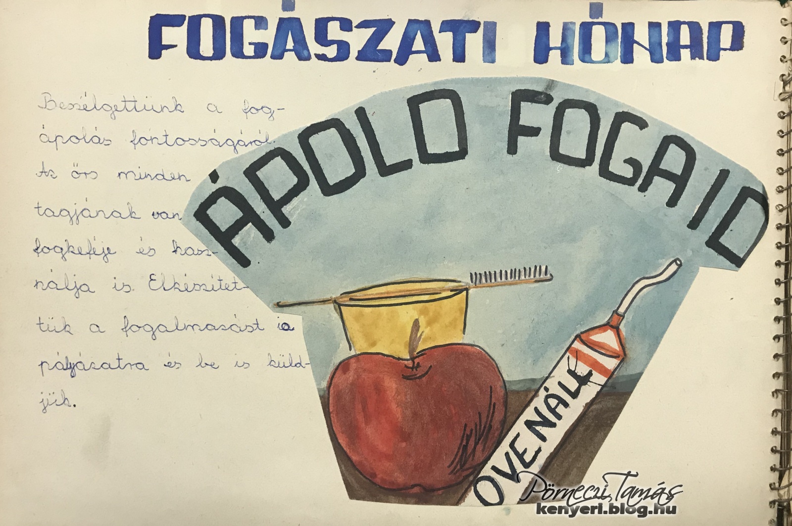 Ovenáll fogkrém, fogkefe, fogmosó pohár és alma az egészséges fogak titka, 1975