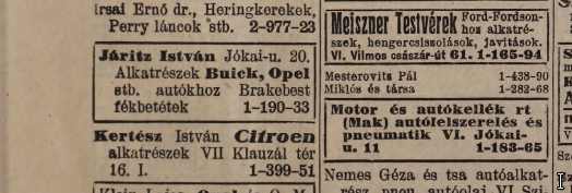 Járitz István autó alkatrész kereskedésének hirdetése az 1936-os telefonkönyvben.
