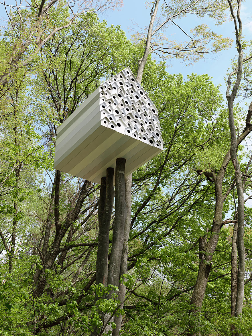 Treehouse for Birds and People (Andu Momofuku Centre, Japan)<br />Lombház madaraknak és embereknek! Az építmény egyik felében emberek, a másikban madarak lakhatnak, az elválasztófal apró lyukain pedig beleshetnek egymás életébe!