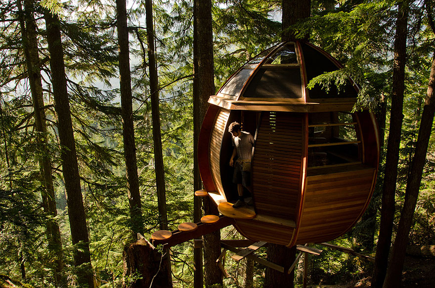 The HemLoft Treehouse (Whistler, Canada) <br />Ez a tojás alakú lombház Joel Allen sajátkezű alkotása, aki miután szoftverfejlesztőként meggazdagodott, asztalossá képezte át magát, hogy hobbijának élhessen.