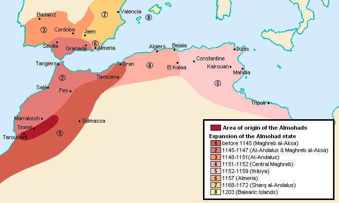 Almohád dinasztia területének növekedése történelmi évszámokkal