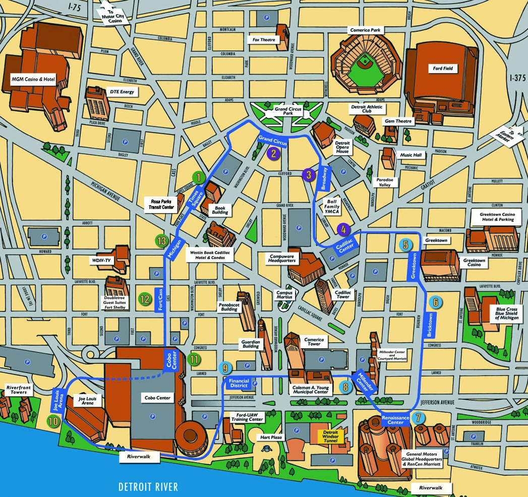 Detroit belvárosának térképe a People Mover útvonalával. Forrás: www.thepeoplemover.com