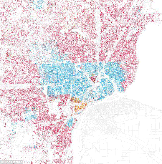 A szociológus hozzászól: faji szegregáció térképe Detroitban. Kékek a feketék, pirosak a fehérek, sárgák a latinok. Csinos!<br />Forrás: www.city-data.com