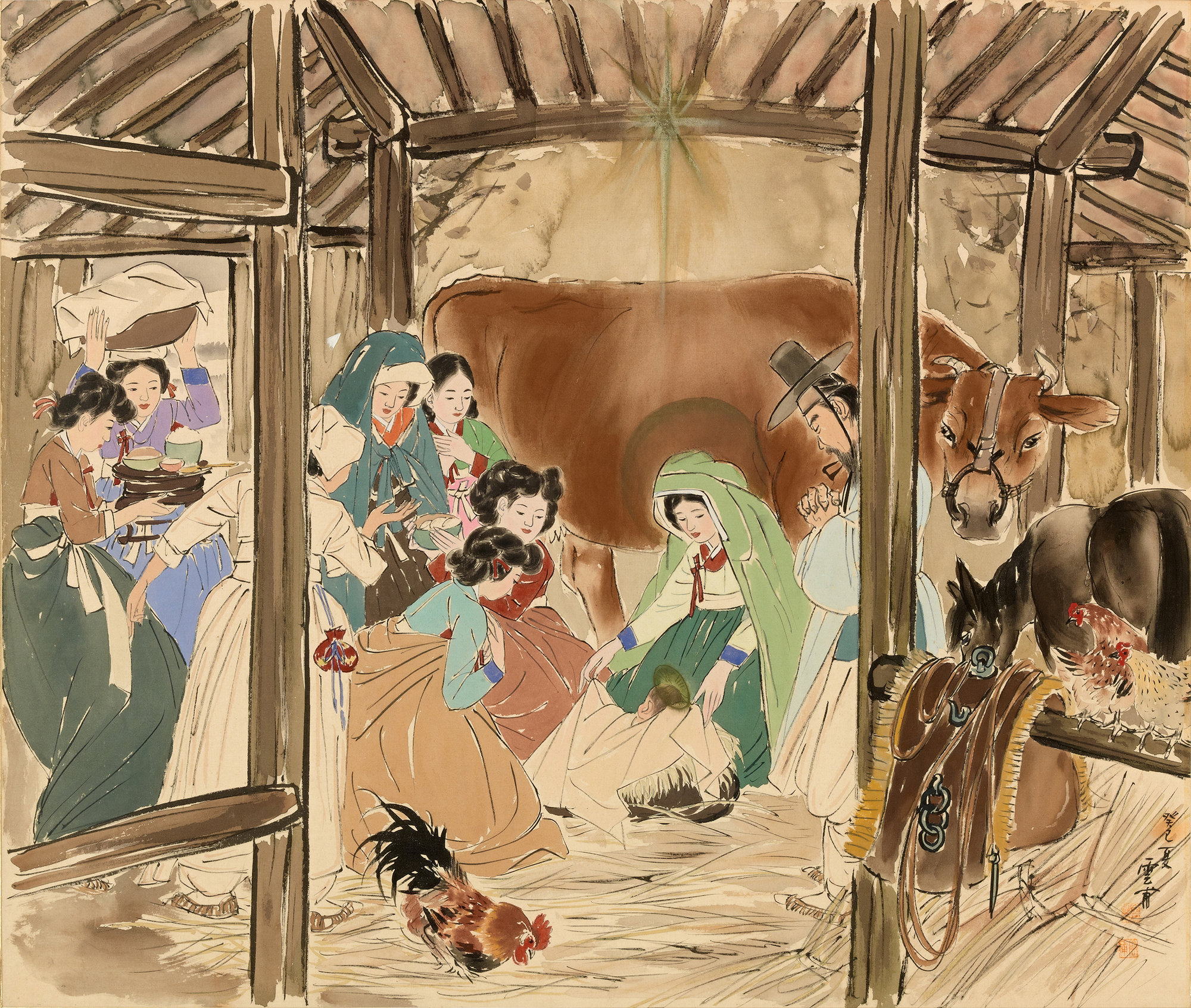 아기 예수의 탄생, Nativity of Christ, Jézus születése<br />1952-53, selyemfestmény, 63.5 x 73 cm, a Szöul Múzeum engedélyével