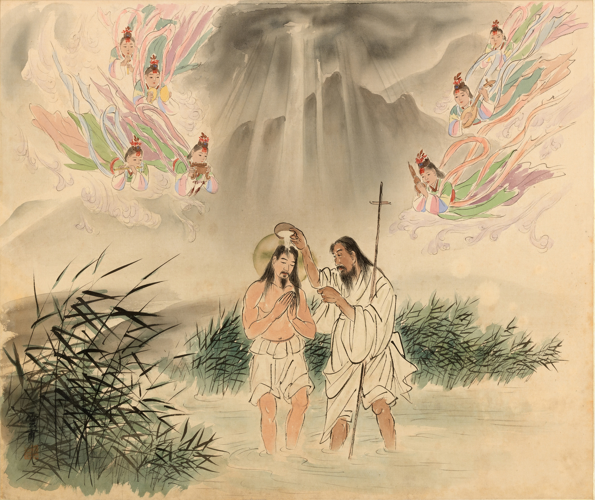 요한에게 세례받다, Baptism of Christ, Jézus megkeresztelkedése<br />1952-53, selyemfestmény, 63.5 x 73 cm, a Szöul Múzeum engedélyével