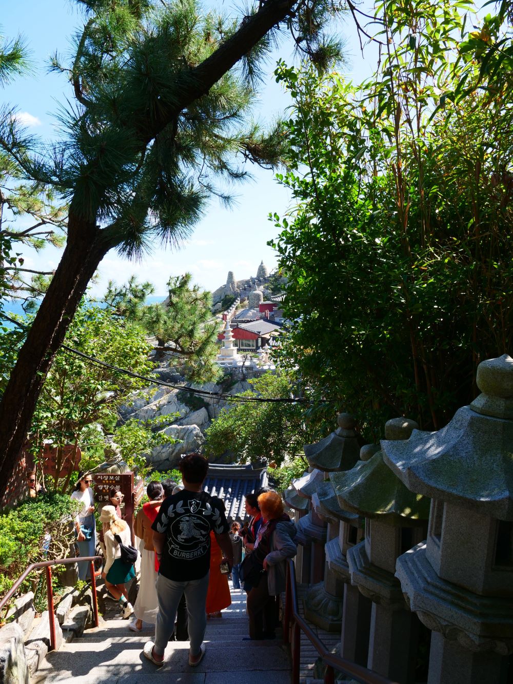 A főkapu után egy meredek, 108 fokos lépcsősor kezdődik, amit itt-ott Buddha szobrok öveznek
