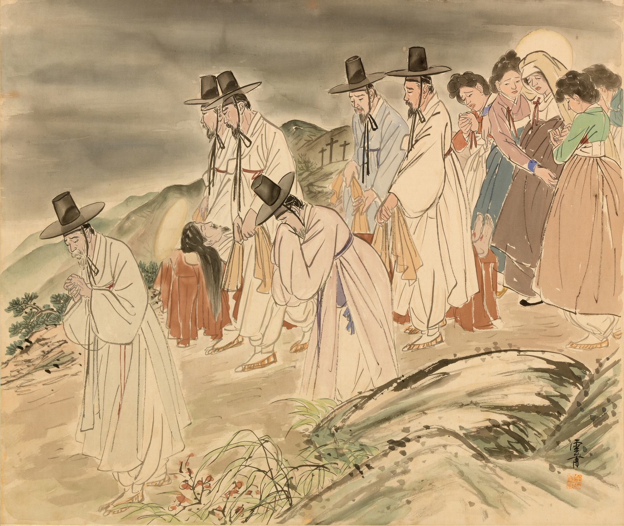 시체를 옮기는 제자들, Entombment of Christ, Jézus temetése, 1952-53, selyemfestmény, 63.5 x 73 cm, a Szöul Múzeum engedélyével