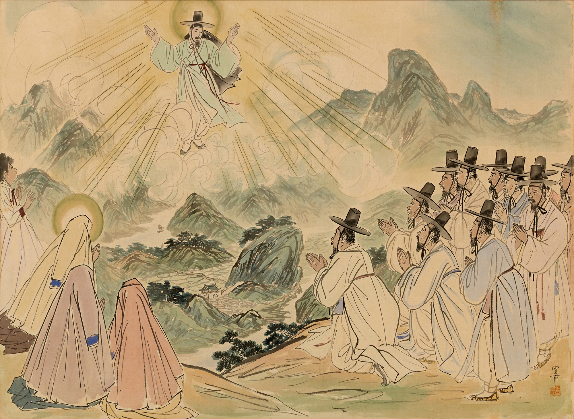 승천, Ascension, Jézus mennybemenetele, 1952-53, selyemfestmény, 73.5 x 101 cm, a Szöul Múzeum engedélyével