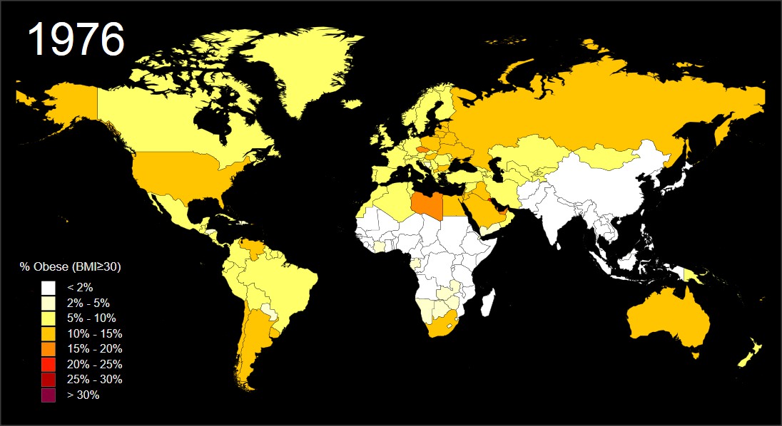 Globális elhízástérkép évről évre közgazdasági vizualizáció