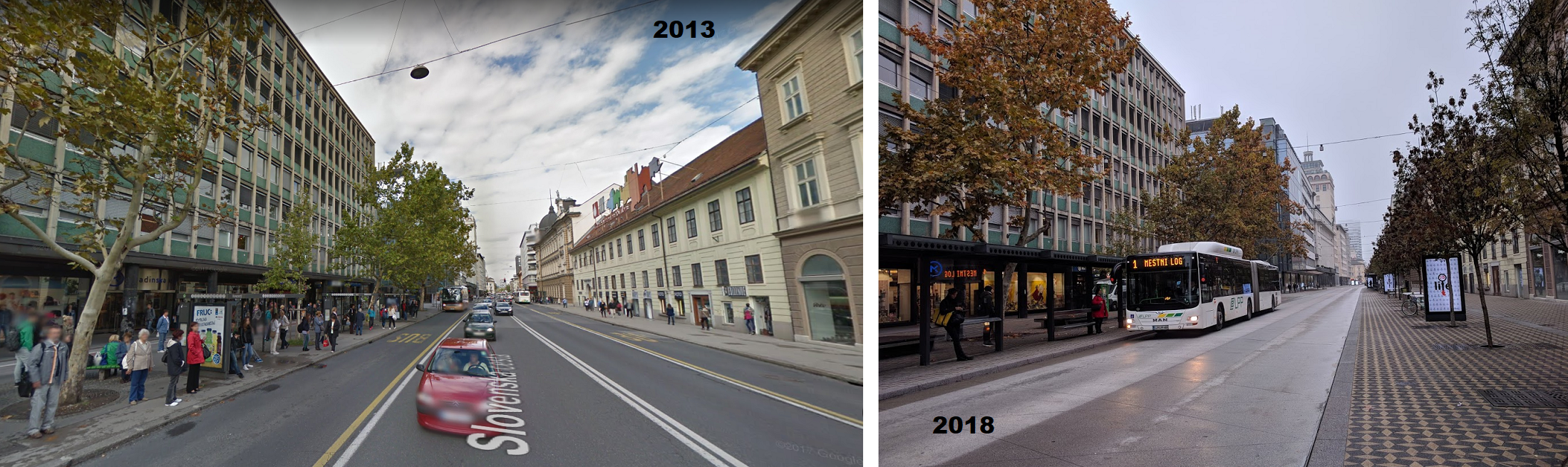 Slovenska Cesta az átépítés előtt és ma