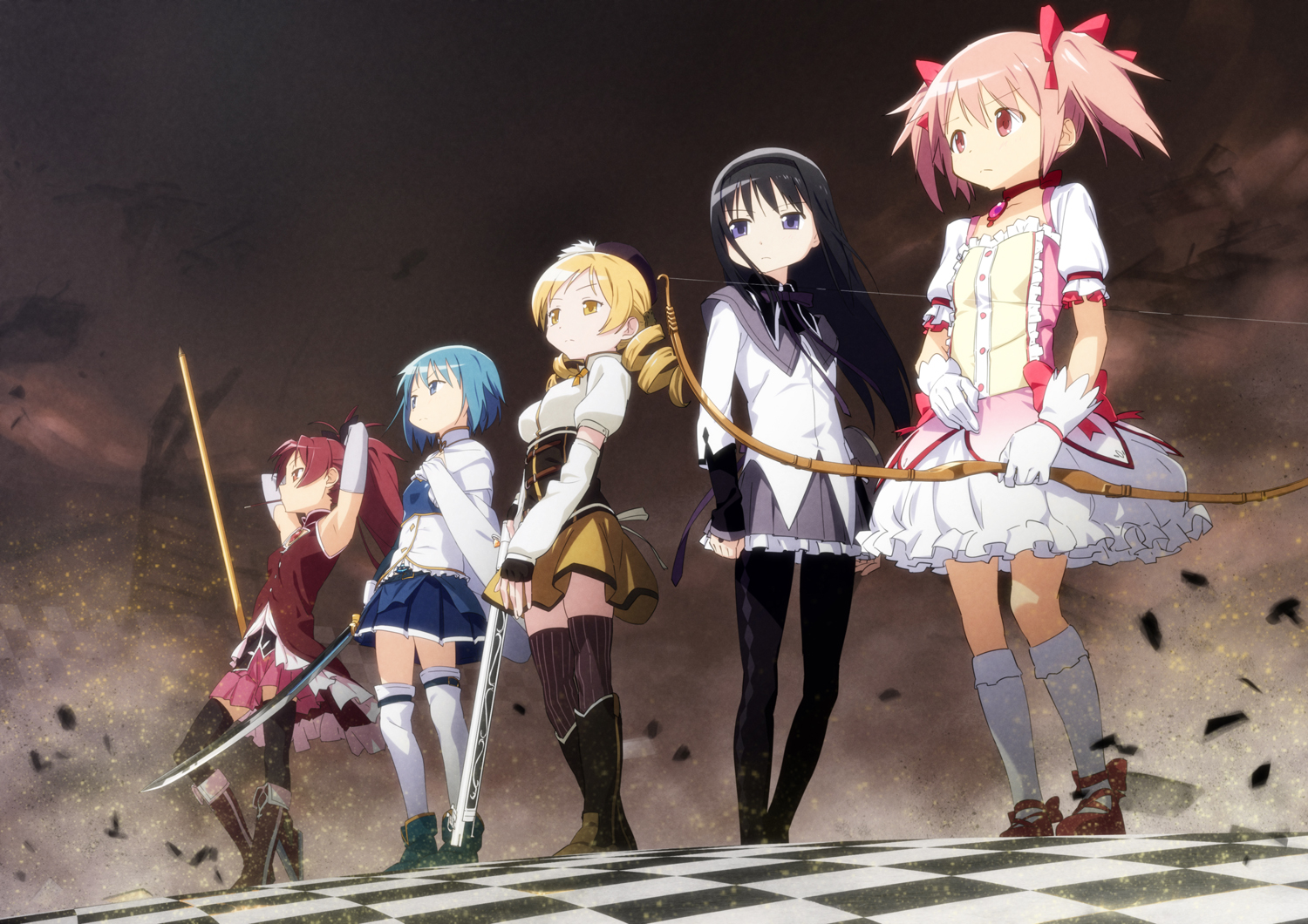 konachan-com-96752-akemi_homura-bow-kaname_madoka-mahou_shoujo_madoka_magica-miki_sayaka-pink_hair-sakura_kyouko-sword-thighhighs-tomoe_mami-twintails-weapon1.jpg