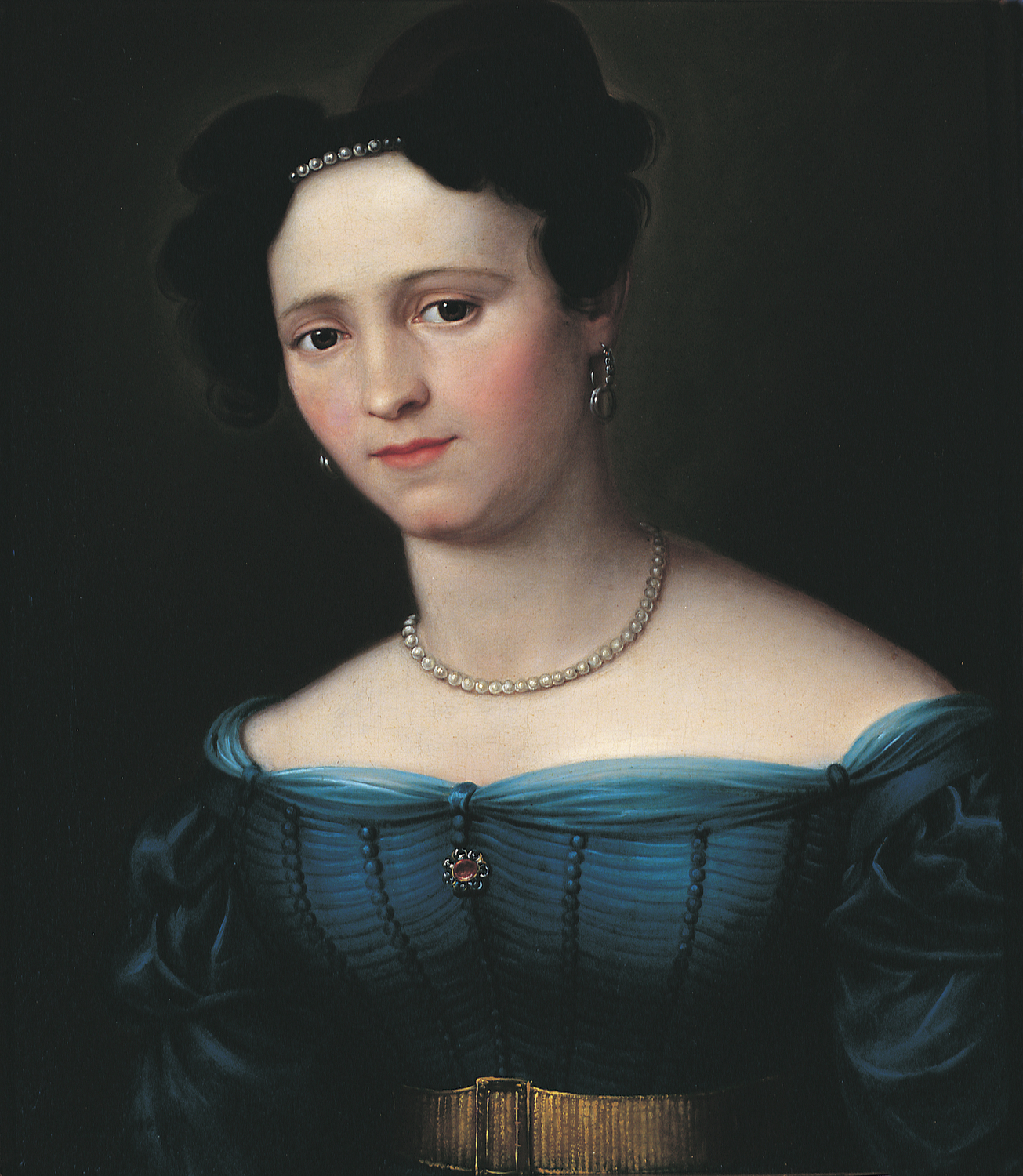 BARABÁS Miklós (1810-1898): Kékruhás hölgy gyöngysorral (1837) olaj, vászon, 48 x 39,5 cm jelezve hátul: Barabás, Kovács Gábor Gyűjtemény