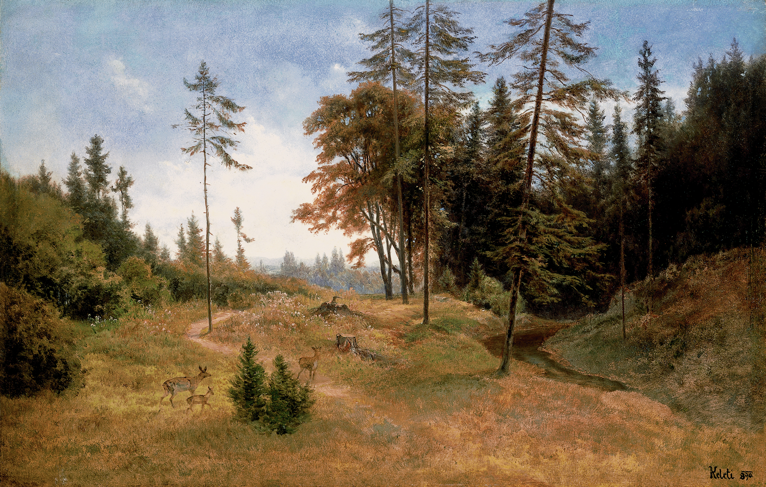KELETI Gusztáv (1834-1902): Erdei tisztás őzekkel (1890) olaj, vászon, 34,5 x 54 cm jelezve jobbra lent: Keleti, Kovács Gábor Gyűjtemény