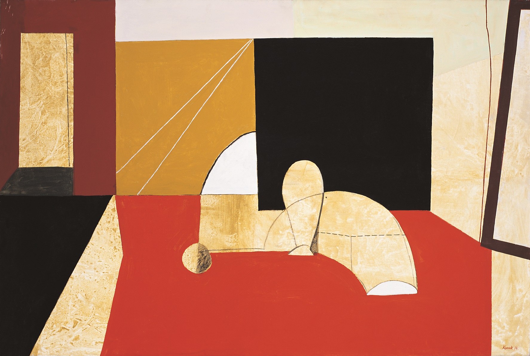 KONOK TAMÁS (1930):  Interieur  rouge 1974,  Akril, vászon  97  ×  140  cm   