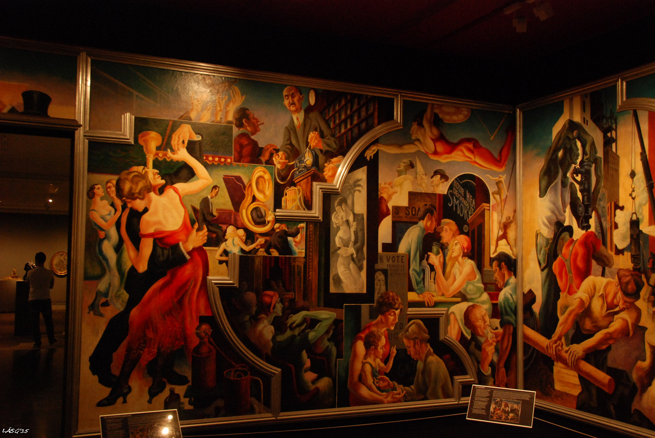 Thomas Hart Benton tíz elemű  festményének részlete, Amerika Today a címe, a húszas évek amerikáját mutatja be. Ez a kép a City Activities with Dance Hall címet viseli, a szabadidő eltöltését ábrázolja városon.