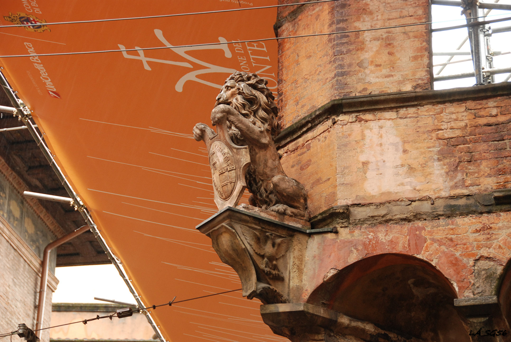 A város címerét tartó oroszlán az Asinelli-torony 97 méteres lakótorony a XI. századból) sarkán