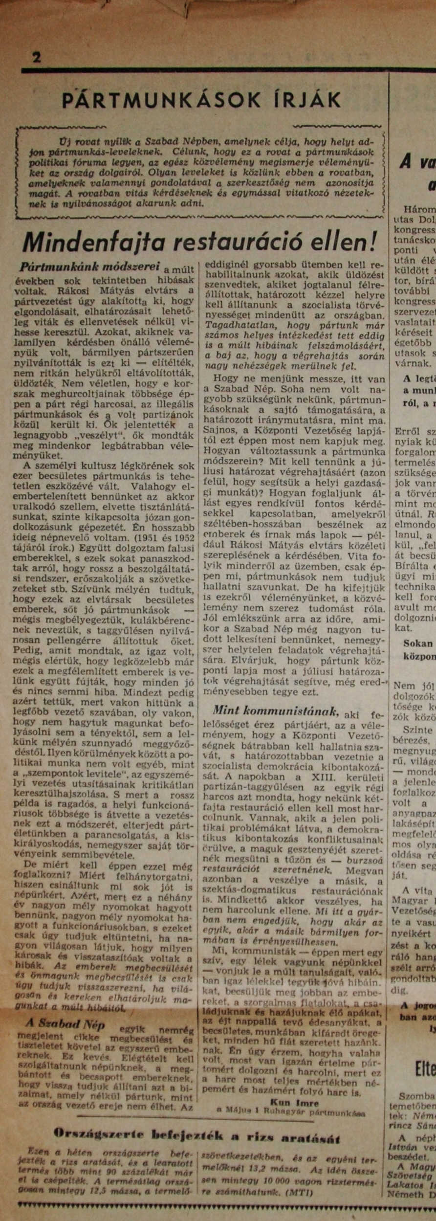 Szabad Nép 1956. október 21.<br />A restauráció ellen