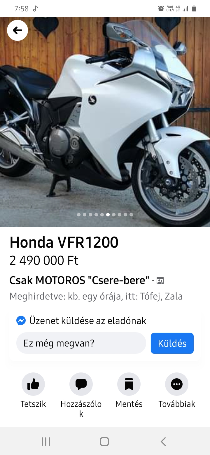 VFR1200 na igen, sokáig volt háttér a számítógépen az asztalon.&lt;br /&gt;Valójában nagy motor, kipörgésgátló nincs, szűkös hely, túrázni nem megfelelő. Véleményem szerint van ideálisabb túramotor is. Az ár is szempont volt. Elég drágán mérik őket is sajnos.