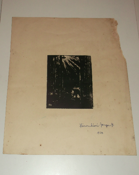 A hátoldal - Favágók - részletszegény linoleum metszet - jelzés Háromházi Ferger F. 1939