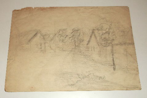 A hátoldalon - utca részlet ceruzarajz vázlat - jelzés Háromházi F. 1934