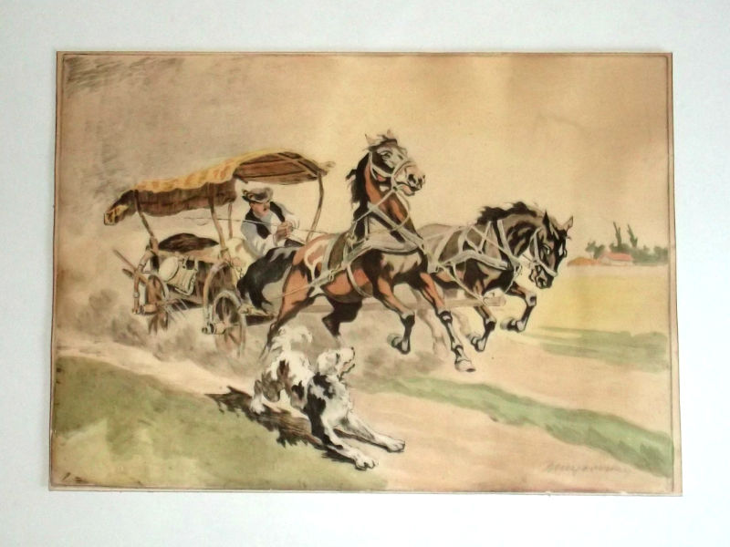Kutyától megriadt lovak - akvarell