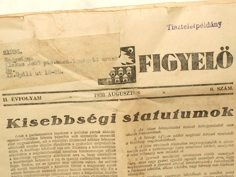 Tiszteletpéldány - Erdélyi Figyelő 1938 augusztus II. évfolyam 8. szám - a posta igazgatójának tiszteletpéldánya